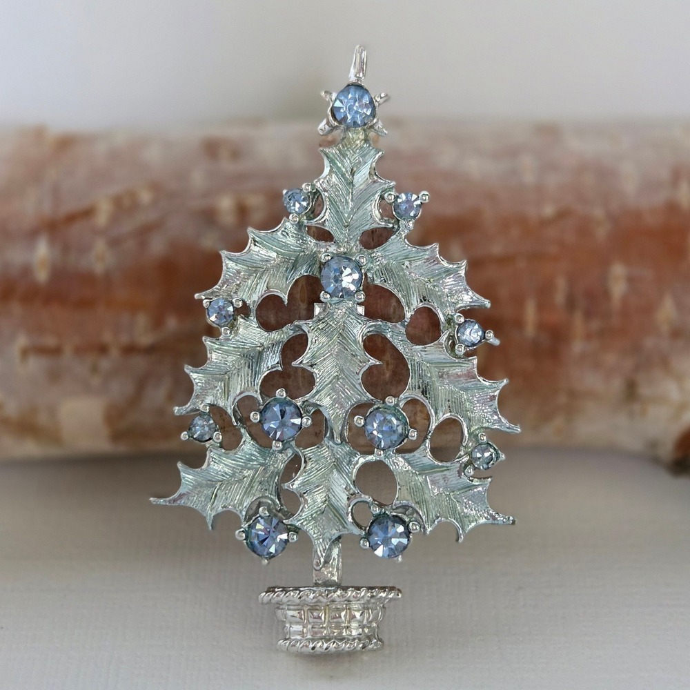 Christmas Tree Brooch Silver Blue Rhinestone Holly Leaf Holiday